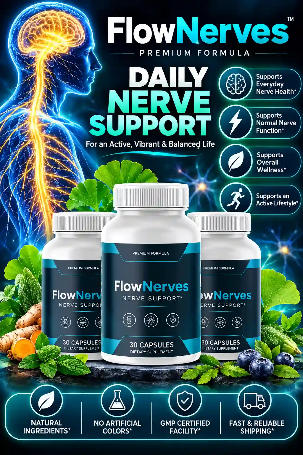 FlowNerves™ – Nerve Wellness and Product Information FlowNerves™ supplement bottles displayed for a nerve wellness and product information guide